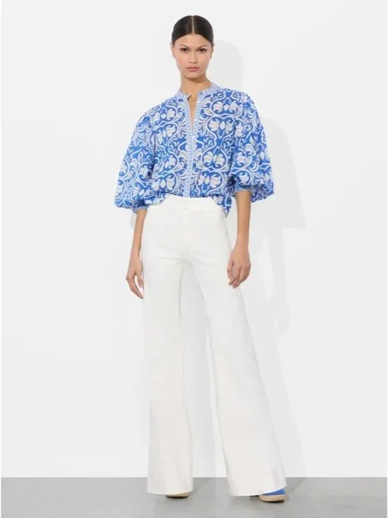 Alice + Olivia April Soiree True Blue Printed Cotton Blouse Large NWT $375 - Picture 2 of 12